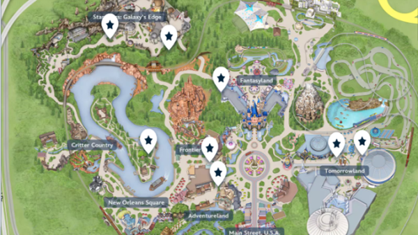 Map of water bottle filling locations in Disneyland