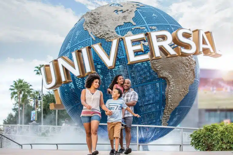 Family in front of Universal Orlando Resort Globe